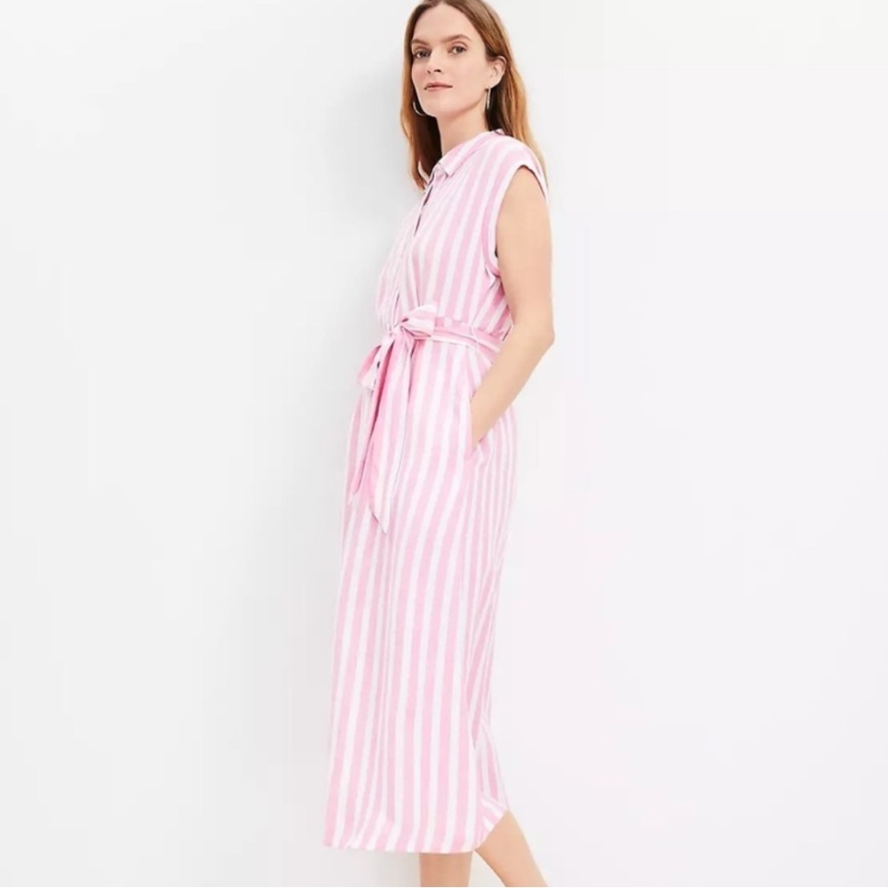 LOFT pink striped linen blend pocket maxi shirt dress size 2 NWTs
